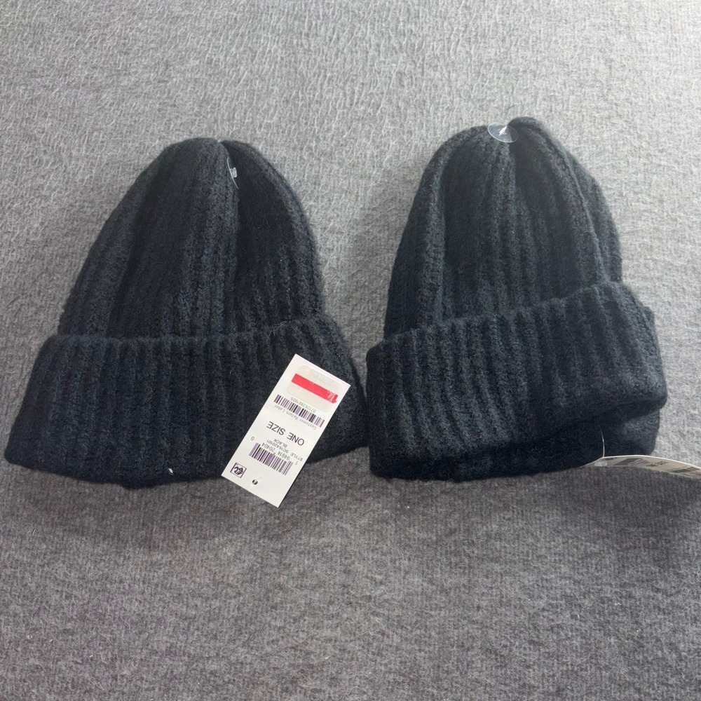 Style & Co 2 Pack Black Ribbed Cuffed Beanie Hats NWT SC15420101 One Size 28380 - Picture 1 of 4
